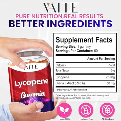 Back label view of VAITE lycopene supplements with directions for visual acuity and skin health.