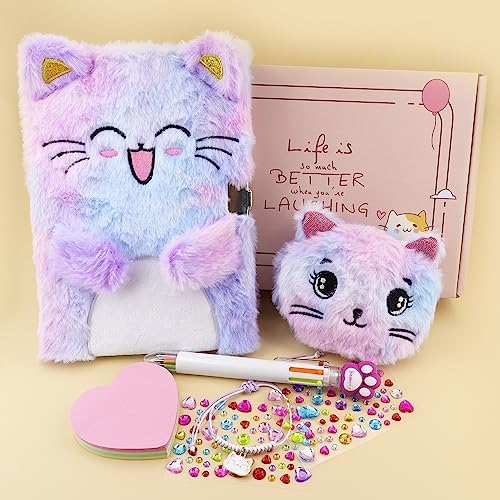 Open cat diary journal with multicolored pen and stickers