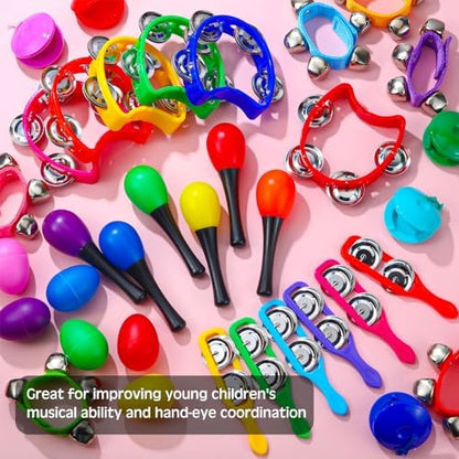 Silipull classroom music toy assortment arranged neatly to show the diverse seventy-two piece set composition.