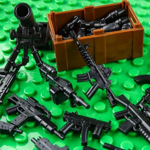 HIMIRICH army gun sets toys showcasing multiple weapon styles compatible with major brick brands.