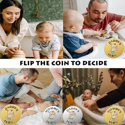 Vichona stainless steel novelty pregnancy gift coin held between two fingers to show size.