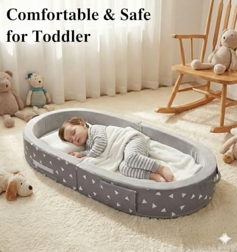 Mooedcoe portable toddler bumper bed for travel folded compactly for easy carrying.