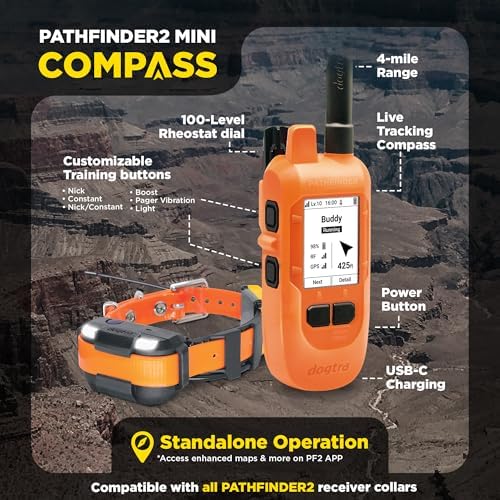 Dogtra Pathfinder2 Compass handheld transmitter with two-inch LCD display illustrating real-time tracking metrics.