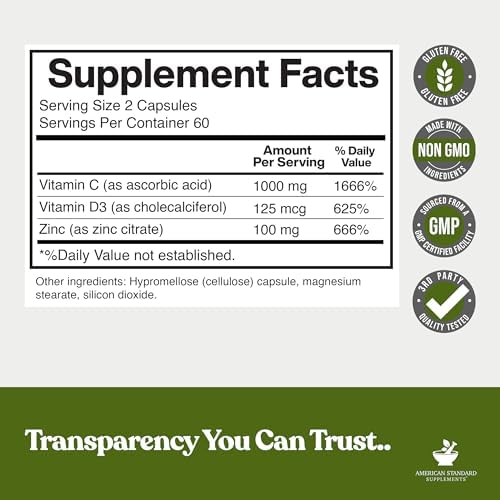 Triple action immune support supplement with zinc vitamin c and d3 by American Standard Supplements