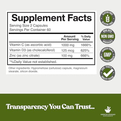 Triple action immune support supplement with zinc vitamin c and d3 by American Standard Supplements