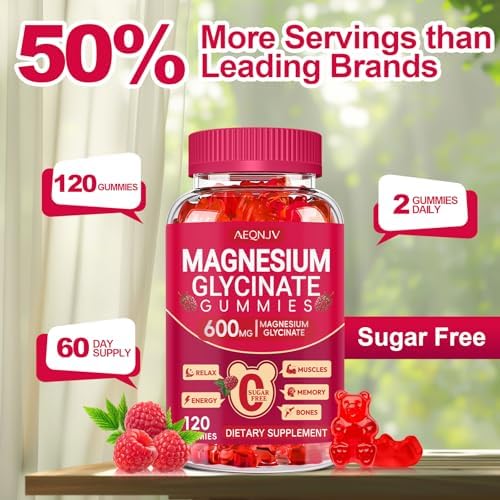 Close up view of the raspberry flavored chewable magnesium glycinate gummies next to the nutritional supplement bottle