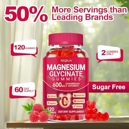 Close up view of the raspberry flavored chewable magnesium glycinate gummies next to the nutritional supplement bottle