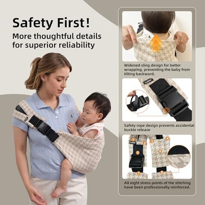 Side view of a father adjusting the premium Lujifo baby sling carrier for a secure hands-on fit.