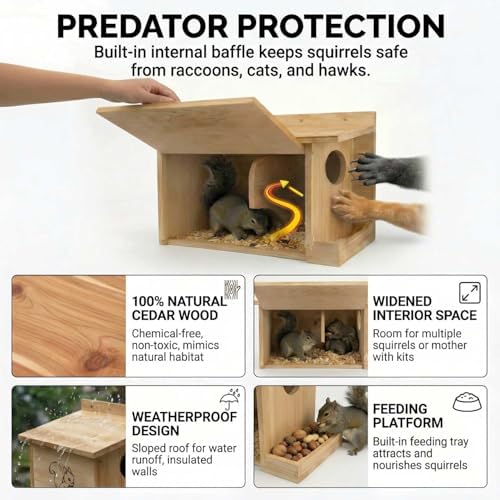 Extra Large Squirrel House 15.7" - Anti-Predator Nest Box with External Feeder, Carbonizedpine woodOutdoor Squirrel Shelter, 2-in-1 Backyard Wildlife Habitat for Tree or Fence Mount - Image 4