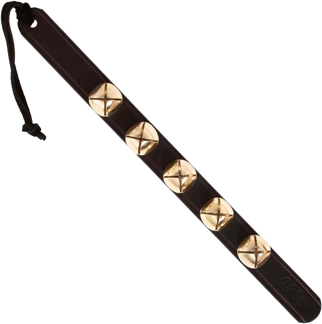 Nohma Leather hanging door bells front view black leather strap