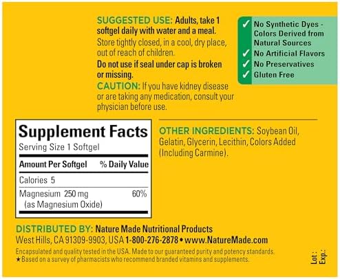 Nature Made 90 softgels magnesium supplement nutrient facts label information