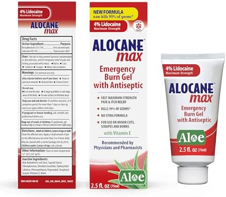Back label of Alocane Max Emergency Burn Gel showing drug facts and ingredients for first aid.