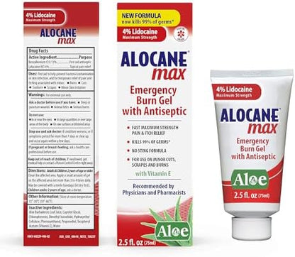 Back label of Alocane Max Emergency Burn Gel showing drug facts and ingredients for first aid.