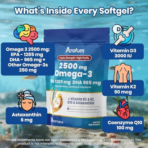 Arofum high potency 2500 mg fish oil lemon flavored burpless softgels