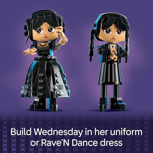 Close up view of LEGO Wednesday Addams accessories including typewriter and black dahlias