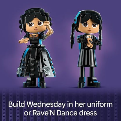Close up view of LEGO Wednesday Addams accessories including typewriter and black dahlias