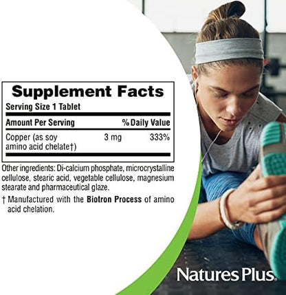 NaturesPlus Copper 90 vegetarian tablets bottle top view showing secure sealing