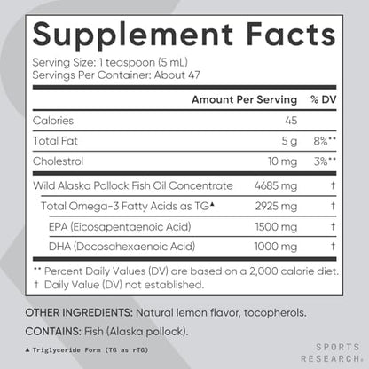 Sports Research liquid omega 3 fish oil showing natural lemon flavor label detail