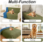 Hyha 30x70 inches green and navy blue dog mat covering a kennel mattress surface.