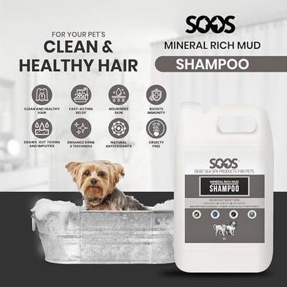 Close up of the 4 Liters container of Soos Pets professional pet grooming mud shampoo.