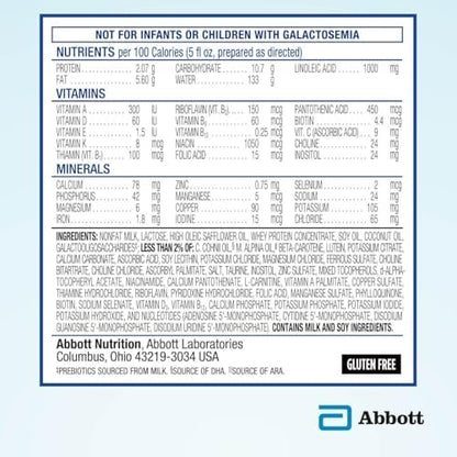 Similac Advance infant formula packaging side view showing ingredients