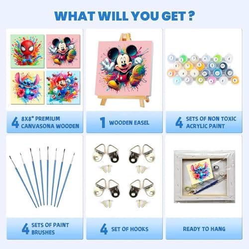 Fuinkqe kids painting kit showing the included wall hanging hooks and mounting hardware accessories.