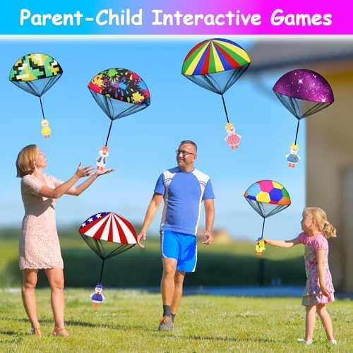 Children throwing the tangle free flying duck parachute toys in an outdoor backyard park