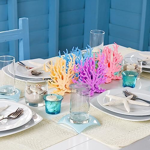 Four piece set of TOPZEA artificial marine coral in pink beige purple and blue on a living room shelf