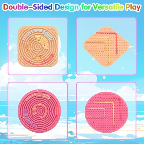 Close-up of a child threading a pink silicone strip through the textured grooves of the HAKINBOT double-sided sensory board.