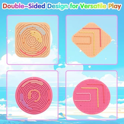 Close-up of a child threading a pink silicone strip through the textured grooves of the HAKINBOT double-sided sensory board.