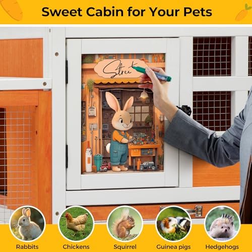 48" L Rabbit Hutch Outdoor Indoor, Expandable 2-Story Large Wooden Bunny Cage with Run, Removale Tray, Top-Opening Waterproof Roof, 2 Doors, DIY Drawing Board, Orange + Colorful Pattern - Image 4