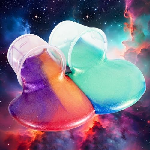 Child playing safely with non sticky purple and blue glittery sensory putty.
