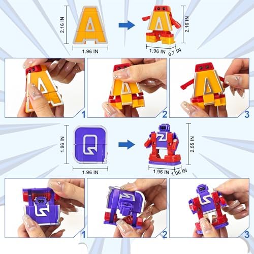 Three mega robots assembled from interlocking alphabet letter clusters