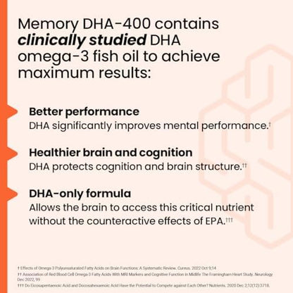 Side label of LifeSeasons NeuroQ Memory DHA 400 showing supplement facts and 400 milligrams docosahexaenoic acid dosage.