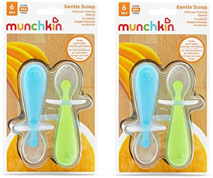 Ergonomic handles of the blue and green infant feeding utensils for small hands