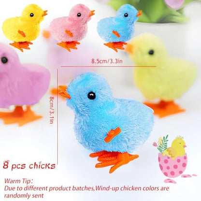 Plush yellow clockwork hopping chicken toy demonstrating mechanical jumping motion on a flat surface