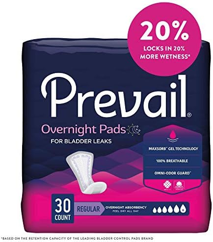 Sixteen inch long Prevail incontinence pads for women displaying the breathable top layer