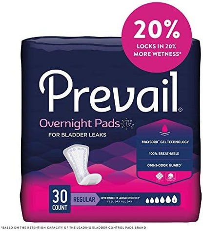 Sixteen inch long Prevail incontinence pads for women displaying the breathable top layer