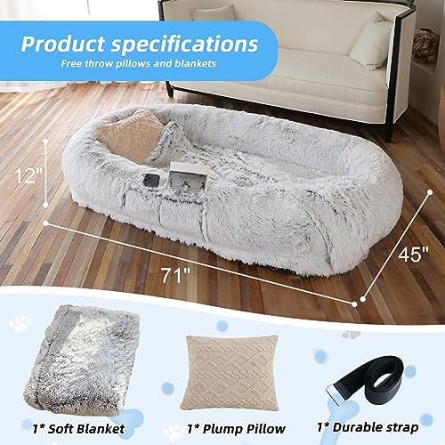 WROS Human Dog Bed - 71"x45"x12" Fits You & Pets, Washable Faux Fur, Orthopedic, Plump Pillow, Blanket, Strap - Grey - Image 6