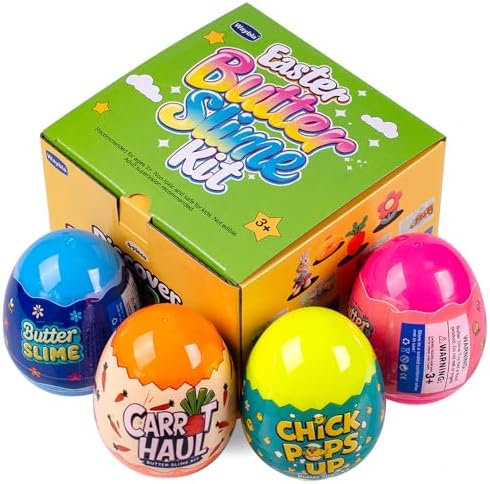 Four colorful plastic eggs opened to reveal pink, purple, blue, and brown butter slime with festive clay slices.