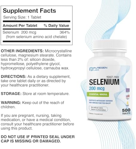 Puregen Labs Selenium supplement bottle displaying the yeast free and gluten free product labels.