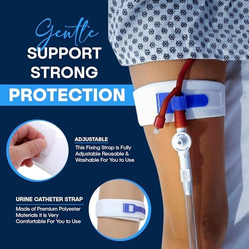 ViDava urinary drainage tube holder adjusted on a person's thigh for securement.