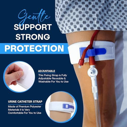 ViDava urinary drainage tube holder adjusted on a person's thigh for securement.