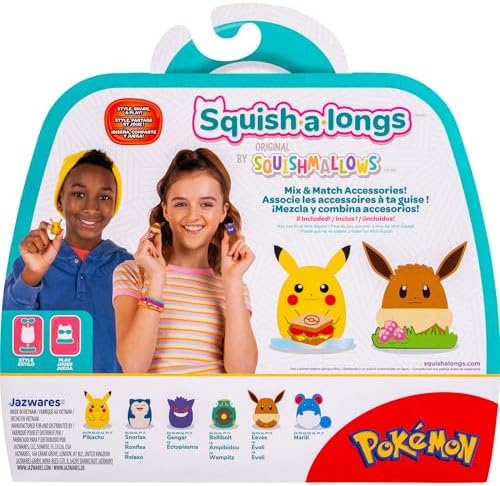 Squish-a-longs SQAL0400 style pack showing Snorlax and Eevee figures with play accessories