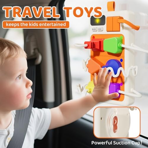 Back view of the Aprilwolf sensory power strip toy highlighting the secure battery compartment.