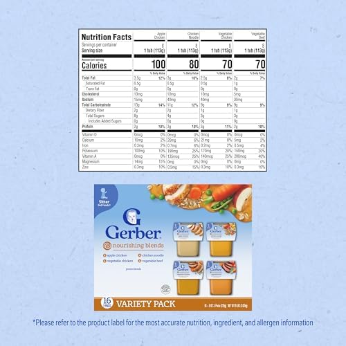 Thirty two pack of Gerber baby food tubs in various meat flavors