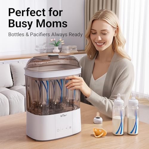 Bear bottle sanitizer with bottles on drying rack