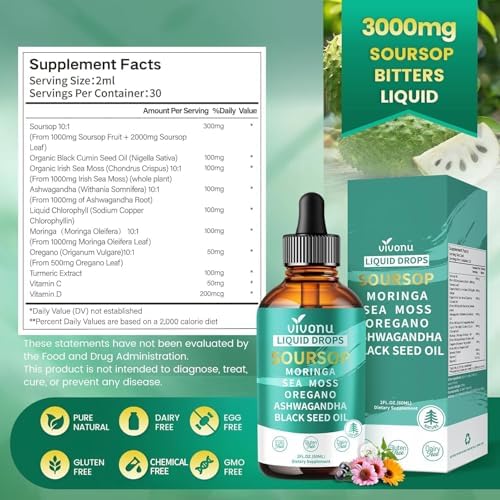 VivoNu 10 in 1 Soursop Bitters liquid drops bottle paired with natural herbal ingredients.