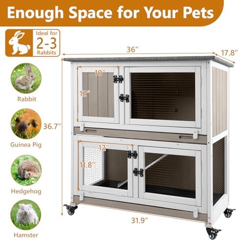 2 Story Rabbit Hutch Indoor & Outdoor, Wooden Rabbit Cage with 2 Leak-Proof Pull-Out Trays, 4 Wheels, Ramp, Chew-Anti Metal Strip for Rabbit, Guinea Pig, Hamster (36" L x 17.8" W x 36.7" H) - Image 6