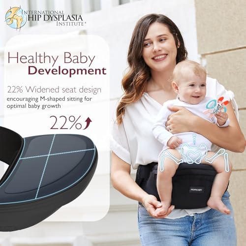Momcozy ergonomic baby carrier showing 3D belly protector